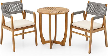 Christopher Knight Home Zed 3 Pieces Outdoor Dining Set, Acacia Wood Dining Chairs and Table, Slats Panel Design Round Table, Wooden Frame, 2 Seater Bistro Set for Balcony Backyard Garden, Teak+Grey