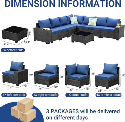 Jing's Villa 10-Piece Patio Furniture Set, All-Weather Outdoor Wicker Sectional Sofa with Cushions, Glass Table & Left and Right Armrest, Rattan Conversation Seating for Porch, Garden, Backyard,Navy