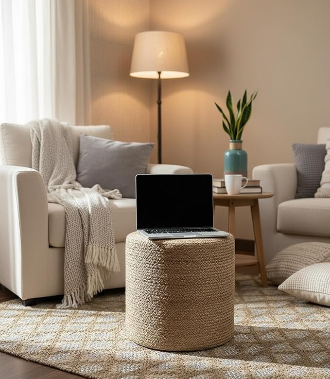 S & L Homes Pouf Ottoman - 100% Jute Braided Footrest Pouf Hand Knitted Traditional Cord Boho Pouffe for Living Room, Bedroom, Nursery, Patio, Lounge Colorblock - Natural Ivory (16”x16”x16”)