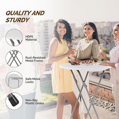 VINGLI 24" Plastic Folding Round Table Bar Height, HDPE Matrial with Gray Metal Finish, High Top Table for Outdoor Party, Cafes, Restaurants, Backyard, Dining Room, Wedding Event,1 Pack, White