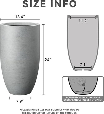 Kante 24 Inch Tall Round Concrete Planter, Large Indoor Outdoor Plant Pots with Drainage Hole and Rubber Plug, Modern Decorative Garden Pots for Home Patio Porch, Natural Concrete