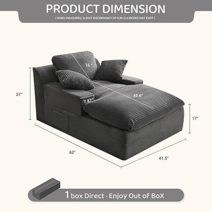 63" Chaise Lounge Chair Indoor, Set of Convertible Sleeper Sofa Couch with Throw Pillows & Side Pockets, Corduroy Upholstered Oversized Sofa Bed with Armrests for Living Room Bedroom, Grey