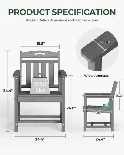 Patio Chairs Set of 2, HDPE Outdoor Dining Chairs with Wide Seat, All Weather Oversized Porch Chair for Garden, Backyard, Deck - Grey
