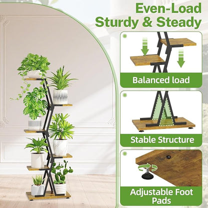 iDavosic.ly 5 Tier Indoor Plant Stand with Grow Light, Corner Tall Metal & Wood Flower Shelf, Orchid Display Rack for Living Room Balcony, Space Saving & Multifunctional Display, Black & Brown