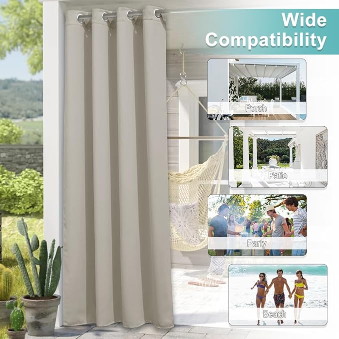 NICETOWN Patio Curtain for Outdoor Waterproof 120" Long, Stainless Grommet Thermal Insulated Sun Blocking Outdoor Drape for Balcony, UV Protection Outside Privacy Blind, 52" Wide, Natural, 1 Panel