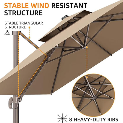 9' X 12' Cantilever Outdoor Patio Umbrellas with Base Included, Large Rectangle Umbrella Heavy Duty 360°Rotation Offset Umbrella for Garden Deck Pool Patio,Brown