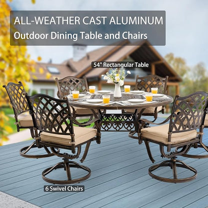 7-Piece Cast Aluminum Patio Furniture, Patio Dining Set for 6 Include 54" Round Outdoor Dining Table and 6 Swivel Chairs with Cushions & Umbrella Hole (Bronze)