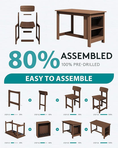 SERWALL 10-Piece HDPE Counter Height Dining Table Sets with Storage and Wine Rack, 2 Rectangular Bar Table with Bar Stools Set of 8 for Garden, Backyard, Kitchen, Brown