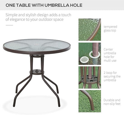 Outsunny 6 Piece Patio Dining Set for 4 with Umbrella, Outdoor Table and Chairs with 4 Folding Dining Chairs & Round Glass Table for Garden, Backyard and Poolside, Beige