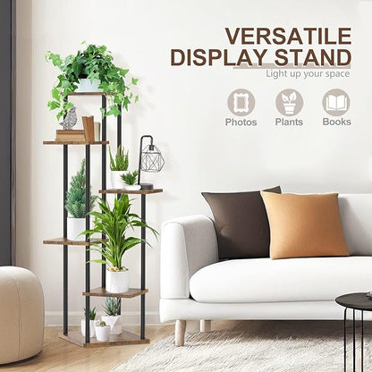 6 Tier Tall Plant Stand Indoor Outdoor, Large Wood Metal Planter Shelf Holder for Narrow Corner, Sturdy Vertical Multiple Flower Orchid Pot Decorative Rack for House Living Room Bedroom Office, Rustic Black