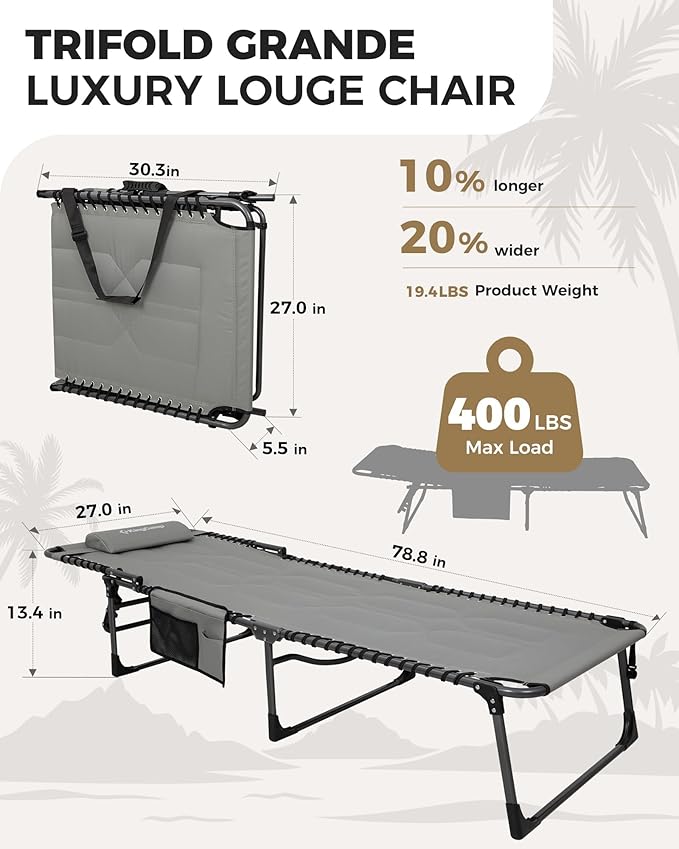 KingCamp Oversized Tanning Chair, Extra-Wide Padded Folding Chase Lounge Chairs Portable Adjustable 5-Position 400lbs Heavy Duty Lounger with Double-Layer Oxford for Outdoor Beach Patio Sun Pool