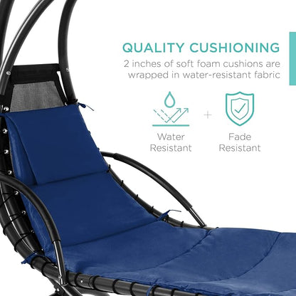 Best Choice Products Outdoor Hanging Curved Steel Chaise Lounge Chair Swing w/Built-in Pillow and Removable Canopy - Navy Blue