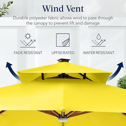 Best Choice Products 10ft Square Cantilever Patio Umbrella w/Base Included, Woodgrain Pattern Pole & Solar LED Lights, 360-Rotation, Offset Hanging Outdoor Shade - Yellow