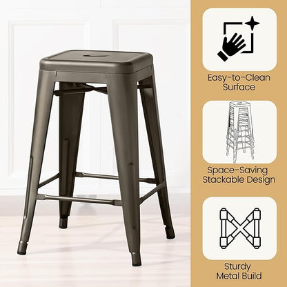 Yaheetech 24 Inch Metal Barstools Set of 4, Counter Height Backless Stools, Industrial Stackable Bar Chairs with Footrest for Kitchen/Dining Room/Bistro/Patio, Metal