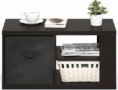 Furinno Viola Coffee Table, 3-Tier Modern Coffee Table with 1.2 Thick Tabletop, Side Table with Open Shelf and Storage Bin, for Living Room, Bedroom, Home Office, Dark Oak