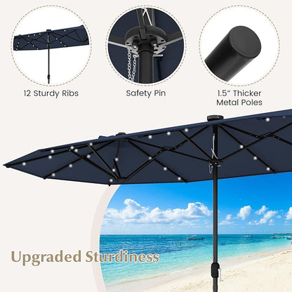 Tangkula 9 Pieces Rattan Outdoor Dining Set with 13Ft Solar Patio Umbrella for 6, Outdoor Wicker Table Set with 8 Cushioned Chairs, Acacia Wood Top, Outdoor Umbrella with Base Included