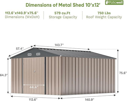Patiowell 10 x 12 FT Metal Storage Shed for Outdoor, Steel Yard Shed with Design of Lockable Doors, Utility and Tool Storage for Garden, Backyard, Patio, Outside use,Brown
