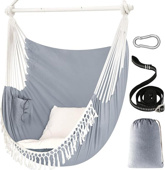 Chihee Hammock Chair 4.9ft x 3.9ft Max 500 Lbs Widen Hanging Swing 2 Cushions Included Metal Spreader Bar with Anti-Slip Grooves Portable Comfy Hanging Chair Side Pocket Bohemian Chair Indoor Outdoor