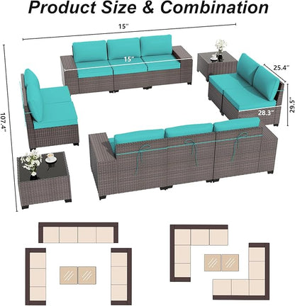 ALAULM 12 Pieces Outdoor Patio Furniture Set Sectional Sofa Sets Brown PE Rattan Patio Conversation Set w/10 Turquoise Blue Seat Cushions and 2 Coffee Tables