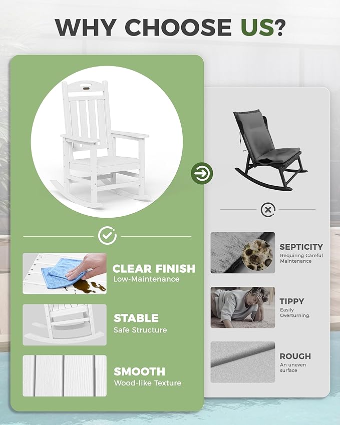 Rocking Chair, Oversized White Outdoor Rocker with Wood-Grain Finish