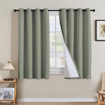 H.VERSAILTEX Linen Curtains 100% Blackout Curtains for Bedroom 54 inch Long Full Light Blocking Nature Linen Blended Window Curtains for Living Room Nickel Grommet (2 Panels, Heathered Dried Sage)