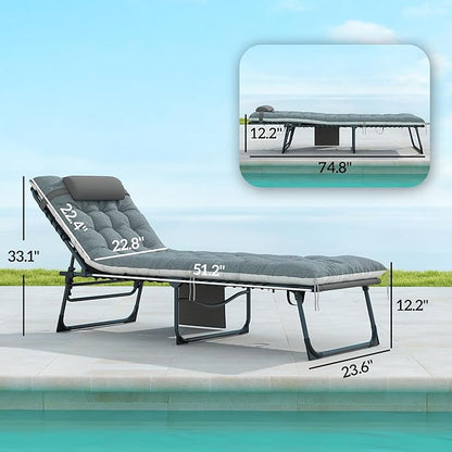 Outsunny Chaise Lounge Chair Outdoor Set of 2, 5-Position Adjustable Outdoor Pool Lounge Chairs, Folding Tanning Chair Beach Lounger with Cushion, Headrest, Side Pocket for Patio, Yard, Gray