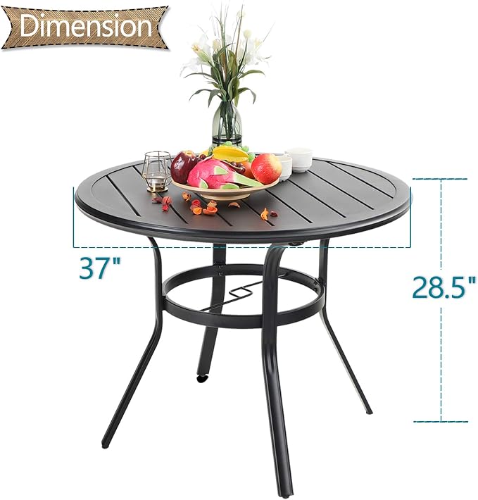 Round Patio Dining Table, 38 Inch Black Metal with 1.87-Inch Umbrella Hole