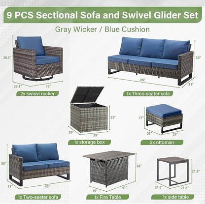 Belord Outdoor Sectional Sofa with 41" Propane Fire Pit Table - 9 Piece Patio Conversation Set with Storage Box and Swivel Rocker Chairs All-Weather PE Wicker Furniture Set Gray