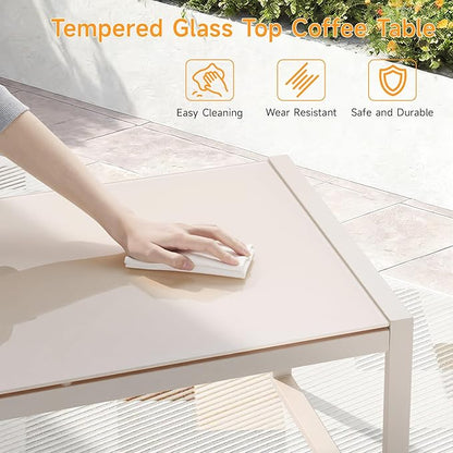 ONBRILL Rectangle Coffee Table with Tempered Glass Desktop, Galvanized Frame Outdoor Coffee Table with Adjustable Feet for Patio, Balcony, Deck, Living Room, Sand