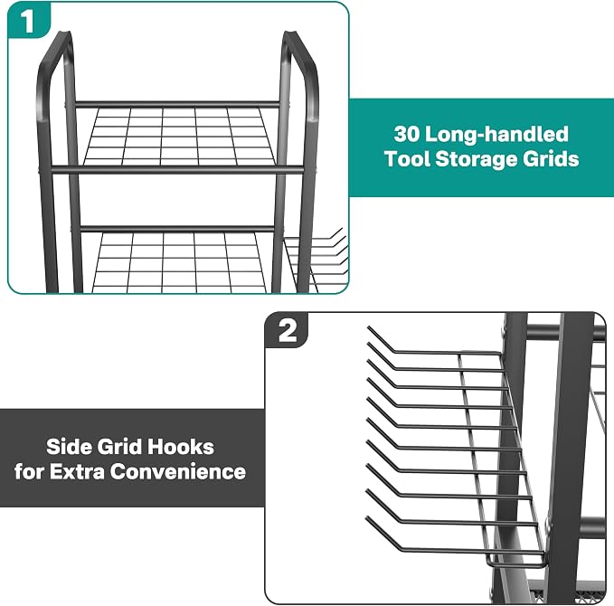 Storage Rack in Silver with Tiered Shelves and Wheels for Garden Tools