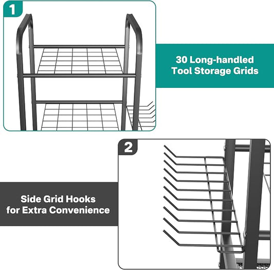 Storage Rack in Silver with Tiered Shelves and Wheels for Garden Tools
