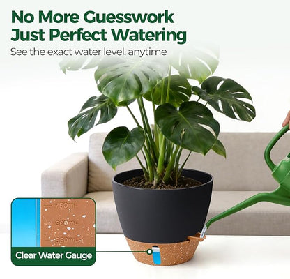T4U 3 Pack Self Watering Pots (8"+10"+12") - Water Level Indicator & Deep Reservoir, Mess-Free Planters for Busy People, Beginners & Gardeners, Fits Pothos to Monstera, Indoor Outdoor Use (Black)