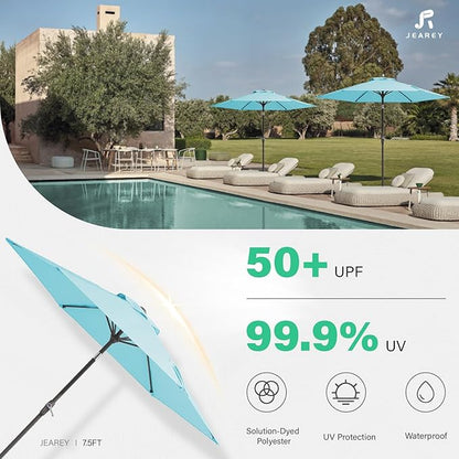 JEAREY 7.5FT Patio Umbrella Outdoor Market Umbrella with 6 Sturdy Ribs, Push Button Tilt/Crank Table Umbrella for Garden, Deck, Backyard and Pool, Baby Blue