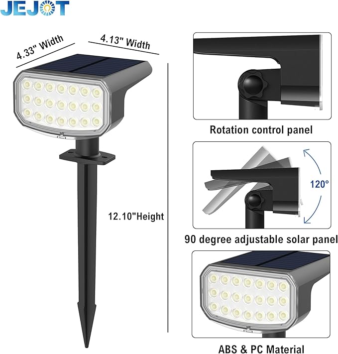 Solar Lights Outdoor Waterproof IP65, Super Bright LED with Lens, 6500K 2 Lighting Modes, Solar Powered Yard Garden Solar Spot Lights for Outside Landscape Auto On/Off -2 Pack