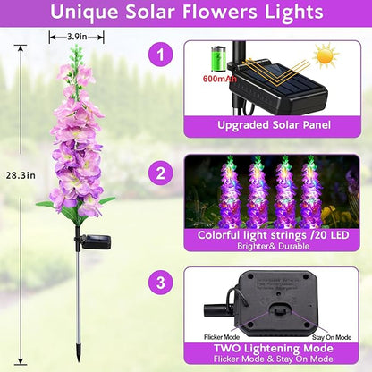 Solar Garden Lights, Solar Purple Delphinium Flowers Lights 8 Pack 160 LEDs, Waterproof Outdoor Light Two Lighting Modes for Outside Wedding Party Garden Yard Patio Lawn Decor