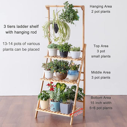 COPREE Bamboo 3-Tier Hanging Plant Stand Planter Shelves Flower Pot Organizer Rack Folding Display Shelving Plants Shelf Unit Holder