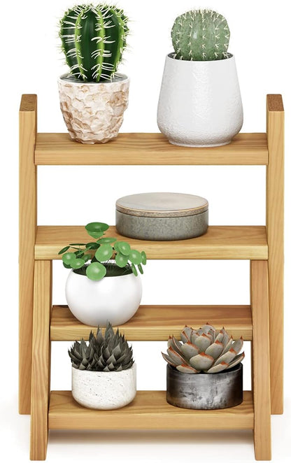 Furinno TIOMAN Plant Stand Indoor Outdoor, Tabletop Mini Ladder Planter Stand, Planter Shelf, Organizers, Indoor, Outdoor, Patio, Balcony, Garden, Pine Wood