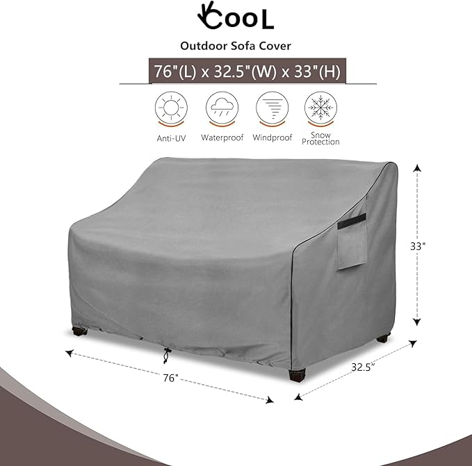 Sofa Cover for Patio Loveseats and 3-Seat Sofas, Waterproof Polyester in Grey