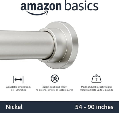 Amazon Basics No Drill Adjustable Indoor Outdoor Tension Curtain Rod, 54-90" Length, Nickel