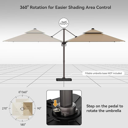 9x12FT Cantilever Patio Umbrella - Heavy Duty Double Layer Offset Design with 360° Rotation, Large Rectangle Sun Shade Umbrella for Garden, Deck, Pool, Backyard, Brown