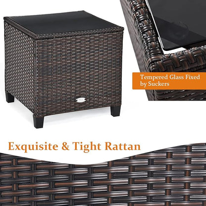 Tangkula 3 Pieces Patio Furniture Set, PE Rattan Wicker 3 Pcs Outdoor Sofa Set w/Washable Cushion and Tempered Glass Tabletop, Conversation Furniture for Garden Poolside Balcony (White)