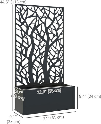 Outsunny Metal Raised Garden Bed with Trellis for Climbing Plants, Freestanding or Wall Mounted Flower Bed with Privacy Panel, Two Big Tree Cut-Outs Outdoor Planter Box for Garden, Patio, Balcony