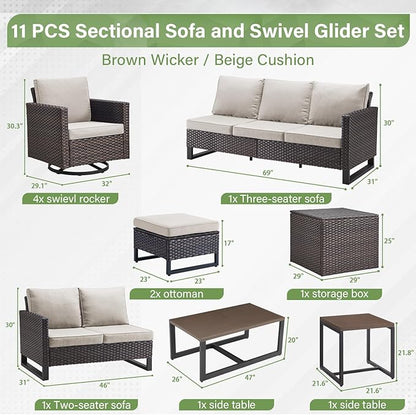 Belord Spacious 11 Pieces Patio Conversation Set - 5-Seater Outdoor Furniture Sectional Sets with Swivel Glider Chairs Set of 4 and Storage Box, Metal Top Coffee Table with Embedded Ottoman Brown