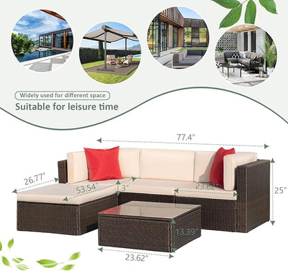 Devoko 5 Pieces Patio Furniture Sets All Weather Outdoor Sectional Patio Sofa Manual Weaving Wicker Rattan Patio Seating Sofas with Cushion and Glass Table (Beige)