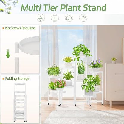 iDavosic.ly Plant Stand Indoor Outdoor, 10 Tier Corner Metal Flower Display Holder Shelf, Easy Assembly Folding Tall Orchid Rack for Patio Balcony Porch Garden Living Room House, White