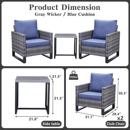 Belord Outdoor Bistro Set 3 Piece Outdoor Wicker Patio Chairs, Oversize Outdoor Rattan Seating Set, All-Weather Chairs Wicker Furniture with Metal Side Table and Water-Resistant Cushion for Outside