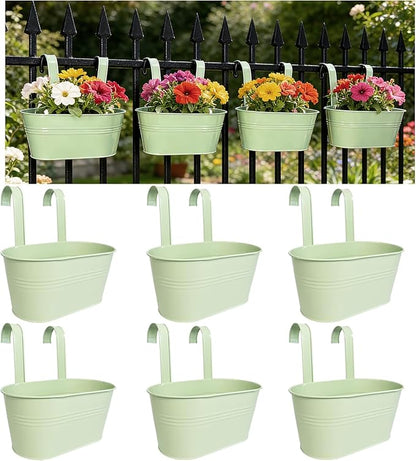Balcony Hanging Planters Flower Pots, 10" Metal Flower Pots for Outdoor Balcony Rails, Fence Pot Hanging Plant Holders with Detachable Hooks for Garden Patio Yard Decor (Mint Green, 6Pcs)