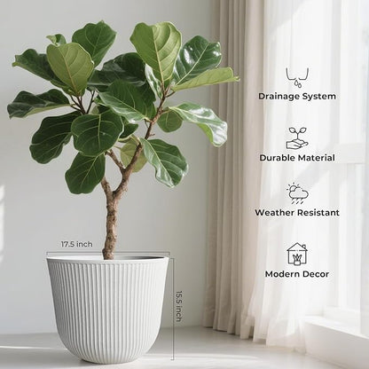 WORTH Garden Round Large Planter Pot Set of 2-17.5" Dia x 15.5" H - Durable Plastic White Plant Tree Pots with Vertical Stripe Textured Finish, Drainage Hole for Indoor, Outdoor, Front Porch, Patio