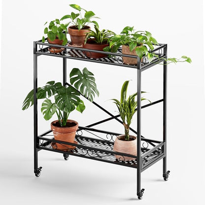 Zhongma 2 Tier Sturdy Metal Plant Stand with Wheels, 32.7x16x39.4 Inch High, Heavy Duty Succulent Shelf for Home Indoor and Outdoor, 440 LBS Capacity & Heavy Duty Construction