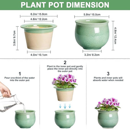 Ceramic Self Watering Pots, 6 Inch African Violet Pots with Absorbent Inner Pot, Round Self Watering Planter for Indoor Plants, Ceramic Pot for Plants, House Decor, Gifts for Women Men, Green